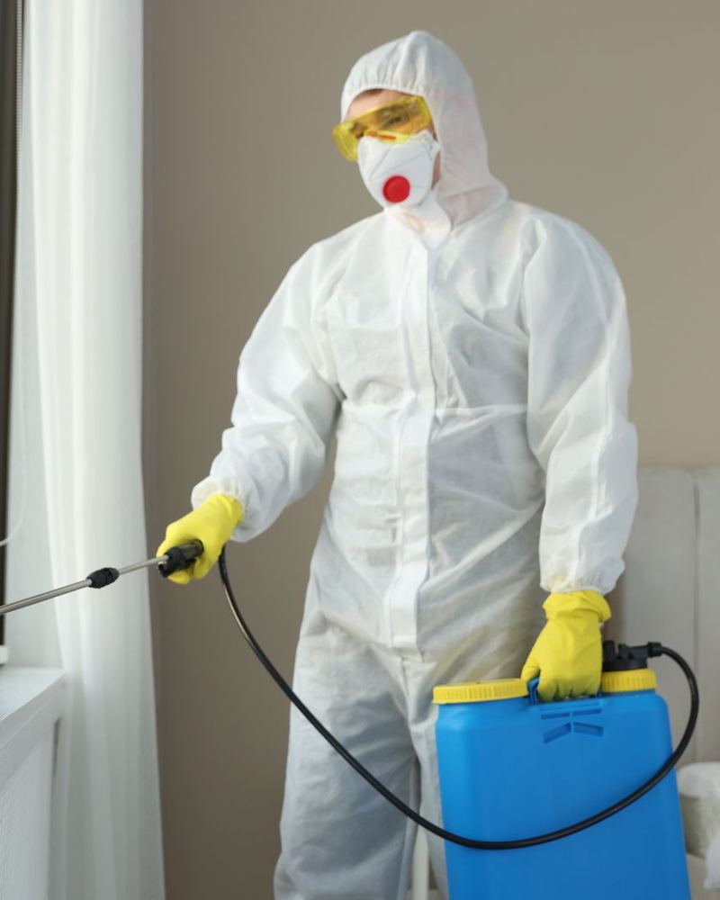 Técnico com equipamento de proteção aplicando dedetização em casa em Curitiba