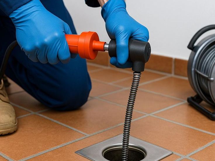 Ralo de piso sendo desentupido com cabo