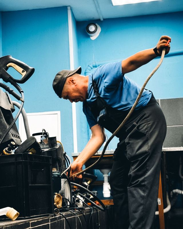 Técnico preparando equipamento de desentupimento